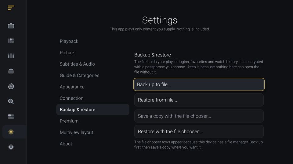 Virumo Settings, Backup and restore, explaining that the file is encrypted with a passphrase.