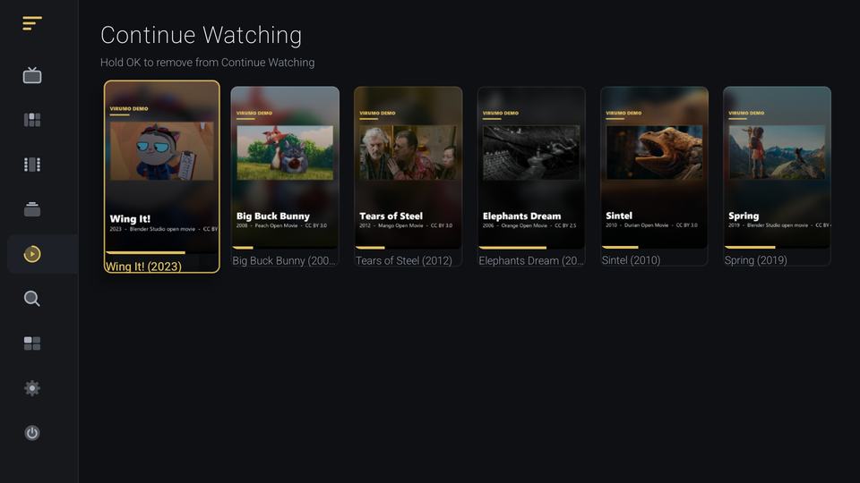 Virumo Continue Watching: six film cards, each with a progress bar at a different point, the first with a gold focus ring.