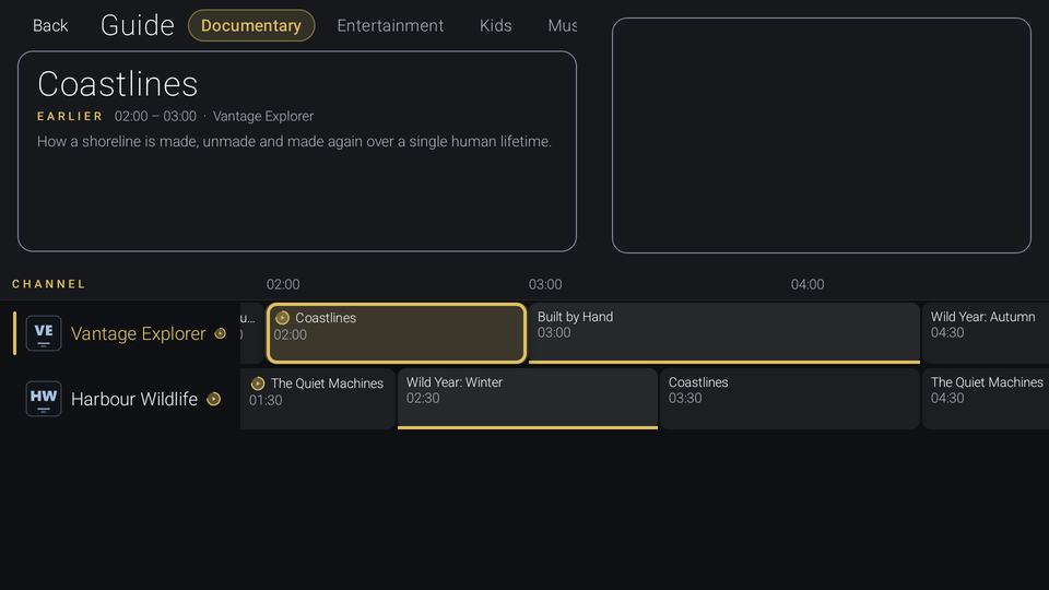 The Virumo guide on a past programme: Coastlines, marked Earlier, with its details panel, and a replay icon beside each earlier programme in the channel rows.