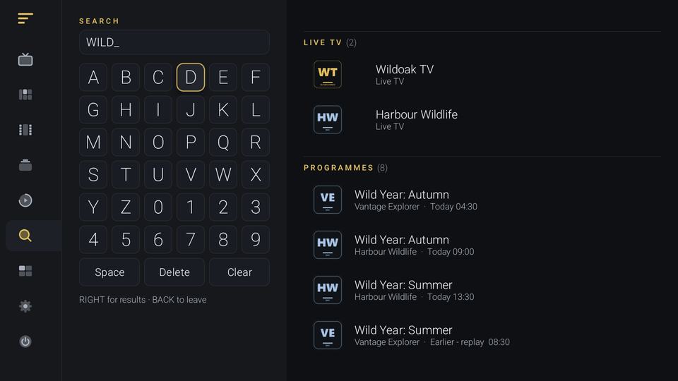 Virumo search for WILD: an on-screen keyboard, two matching live channels and eight matching programmes, with times for today and an Earlier replay entry.