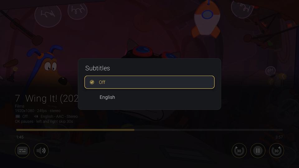 Virumo's player with the Subtitles sheet open, offering Off and English.